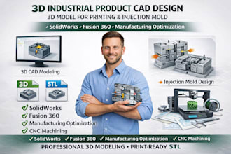 do 3d industrial product cad design, 3d model for printing stl, injection mold