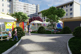 renew 3dpreschool building,outdoor playground, interior design,garden render,skp