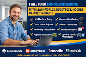 setup elearning course website using buddyboss, moodle, kajabi or teachable