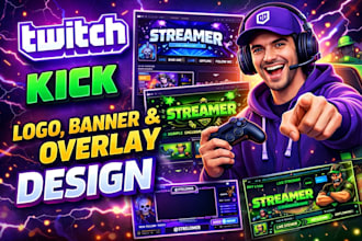 design animated twitch and kick stream overlay, logo, banner and panels