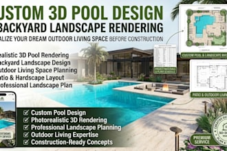 custom 3d pool design backyard landscape rendering, terraces, permit sets