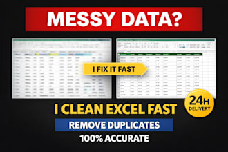 data cleaning, formatting, removing duplicates and organizing spreadsheet