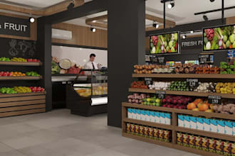 redesign 3d supermarket, grocery retail store, store layout, shop layout render