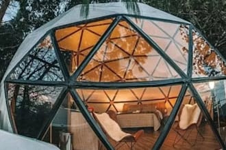 do geodesic dome glamping dormers tiny home 2d, 3d rendering interior design