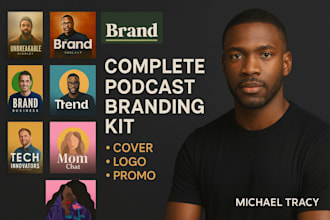 design a complete podcast branding kit with cover, logo, and promo graphics