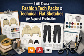 create fashion tech packs technical flat sketches size charts apparel production
