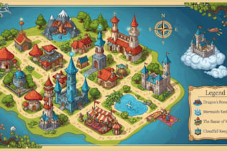 draw and design  map illustration, vector map, tourist map, city map, fantasy