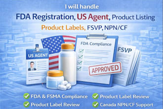 handle fda registration, US agent, product listing, product labels, fsvp, npn cf