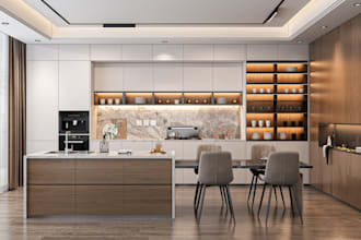 design modern bedroom, living room kitchen interiors with realistic 3d rendering