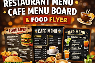 design restaurant menus, food flyers, cafe menu boards, digital menu designs