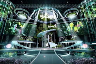 futuristic 3d hall interior,outdoor pavilion wedding,event decor,3d stage,layout