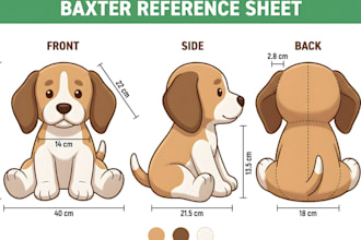 create a custom plush toy deign reference sheet with sewing pattern and details