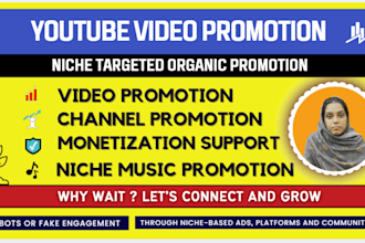 do organic niche youtube channel and video promotion and support in monetization