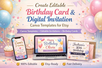 create editable birthday card, digital invitation canva templates for etsy store