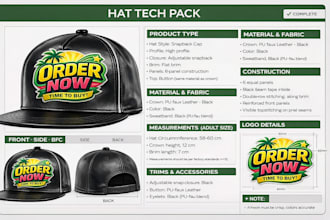 create 2d fashion ready techpack for hat, dad hat, beanie and mockup design