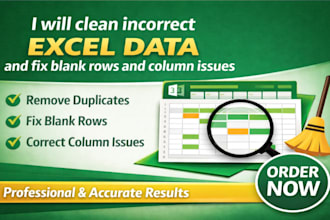 do excel data cleaning and fix incorrect data, blank rows, and columns