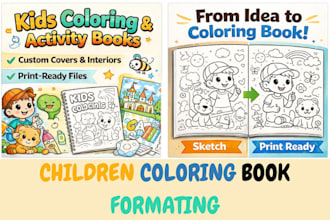 create kids coloring book cover and activity book interior design for KDP