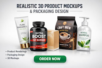 create realistic 3d product mockups, renderings  and packaging design