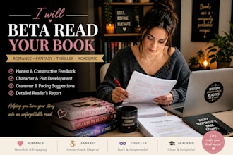 beta read your thriller, mystery novel, fiction book with detailed feedback