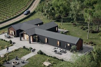 revitalize modern villa retreat, facade section plan design, 3d exterior renders