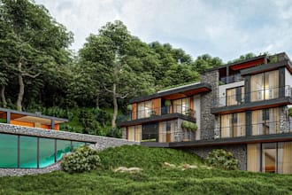 visualize luxury 3d facade, garden house design, render hillside villa retreat