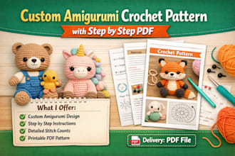 design custom amigurumi crochet pattern with step by step PDF