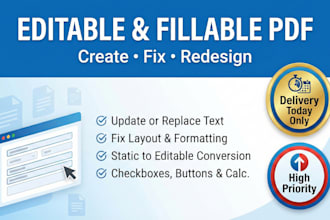 create, redesign editable fillable PDF form, change, update or replace text