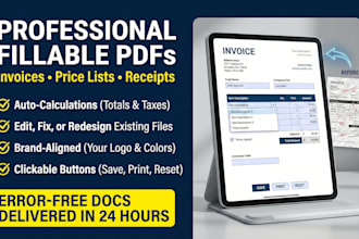 design, create a editable fillable PDF, invoice, price list, receipt