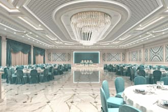 luxurious 3d interior wedding hall, banquet render, event space,hotel hall,venue