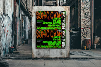 create an edgy brutalist poster with bold typography and grain texture