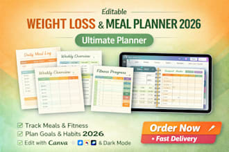 design editable weight loss and meal planner 2026 ultimate planner on canva