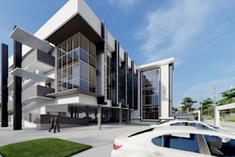 2d to 3d hospital model hotel complex, clinic, mixed use apartment, v ray render