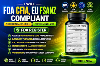 fda cfia, eu fsanz compliant nutrition facts label supplement label fda register