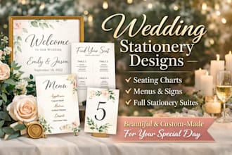 design elegant wedding stationery, seating charts, menus,custom wedding signs