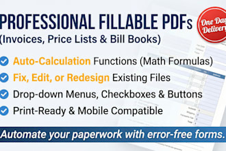 create custom editable fillable PDF invoices, price list, bill book