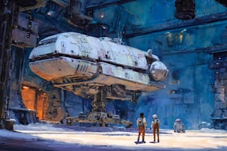 paint science fiction scenes with spaceships and robots