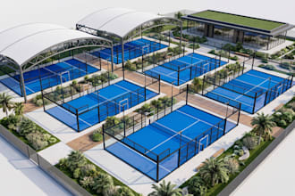 design 3d padel court club, panoramic padel court sport complex facility render