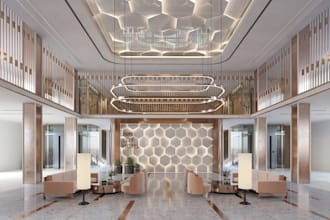design a modern executive office, meeting room, reception lobby, and pantry