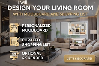 design your living room interior with moodboard and shopping list