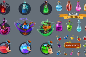 illustrate game icons, item, potion, spells 2d game asset, set, scrolls and book