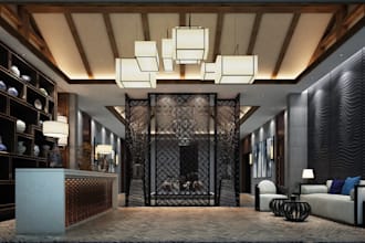 design a luxury reception, lobby, and foyer, workspace, bathroom, interior