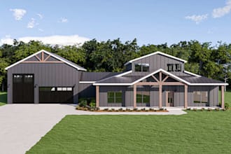 provide barndominium pole barn, farm house plan floor plan, 3d model cabin