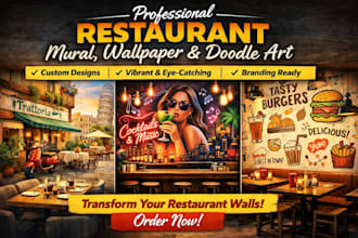 design professional restaurant mural wall art, wallpaper and doodle art