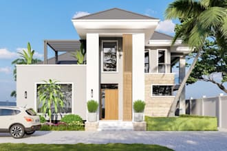recreate 3d external modern villa, section plan drawing, tropical facade render