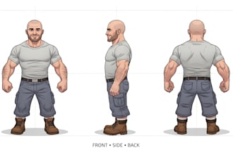 create a clean character turnaround model sheet with multiple views