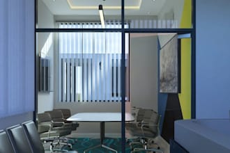 relayout 3d modern office interior, 2d plan, furniture, partition glass render