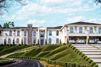 design architectural facade neoclassical villa, render dream home,lush landscape