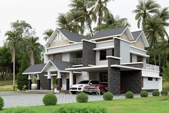 sketchup 3d architectural villa design, pitch roof,  luxury home render, carport