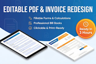 redesign or recreate an editable fillable PDF form, invoice or bill book