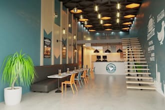 renovate 3d restaurant indoor, cocktail bar design, kitchen reception rendering
